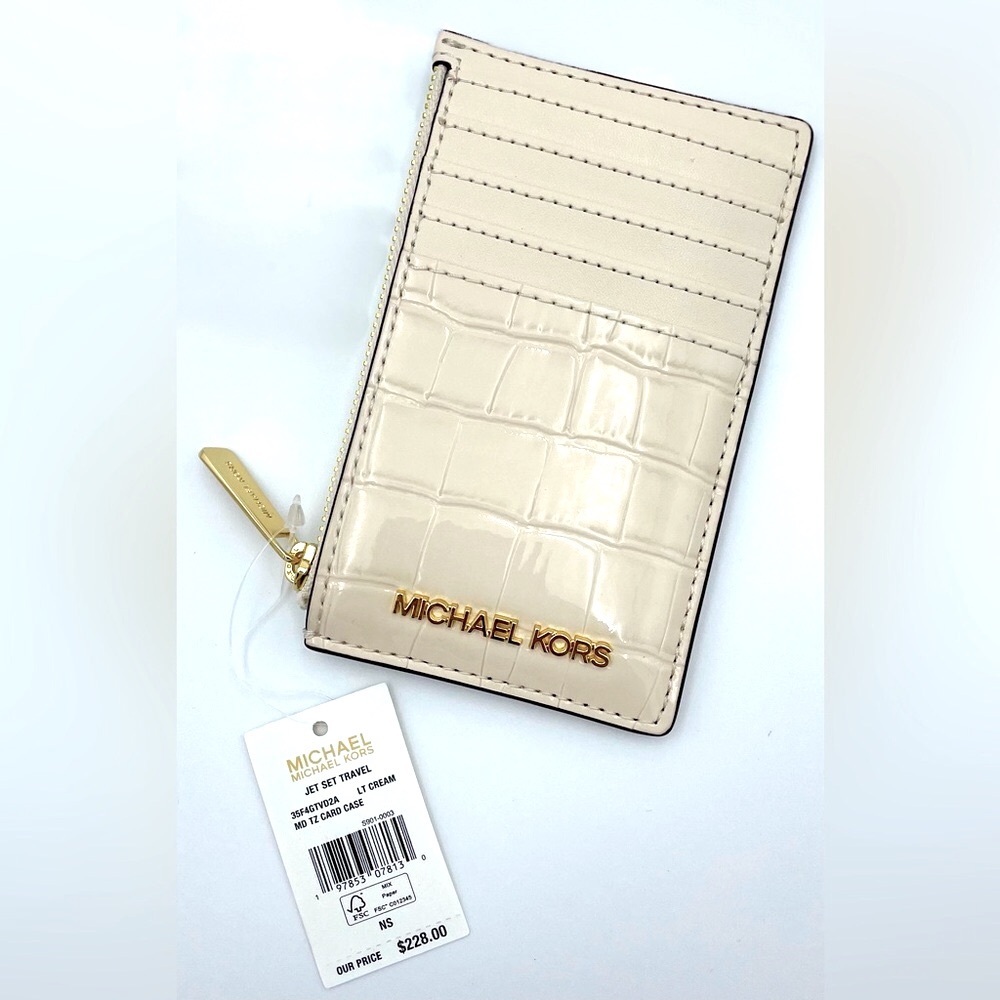 MICHAEL Michael Kors Beige Croc-Embossed Card Holder